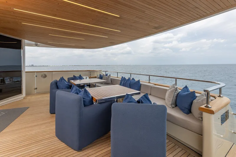 Slide: The Image of Luxurious 2019 Sanlorenzo SD112 yacht deck with elegant seating and ocean view. - 30