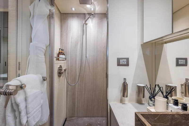 Slide: The Image of Luxurious bathroom on 2019 Sanlorenzo SD112 yacht with modern shower and elegant amenities. - 56