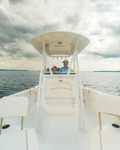 Slide: The Image of A modern boat with a white deck and sunshade roof cruising on calm waters under a cloudy sky. - 13