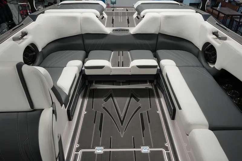 Slide: The Image of Luxurious interior of 2023 Supra SA 450 boat with sleek seating and modern design. - 14