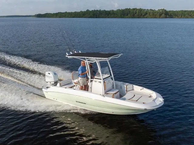 Slide: The Image of Stingray 20 CC 2027 on a calm lake with a driver under a T-top. - 1