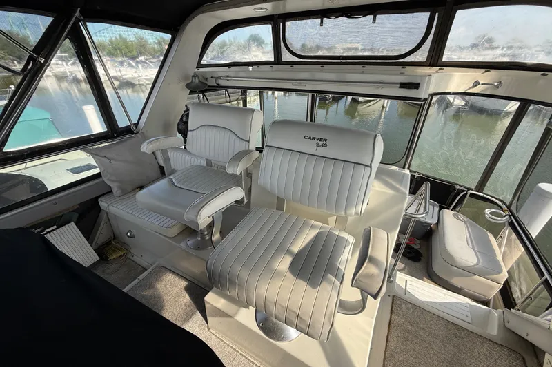 Slide: The Image of Interior of 1989 Carver 3807 Aft Cabin Motor Yacht with helm seating. - 18