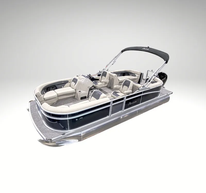 The Image of A sleek pontoon boat with beige seating and a black canopy, ideal for leisure activities. - 1