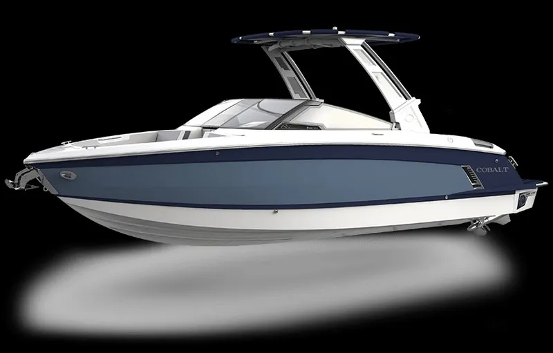 The Image of The image shows a modern 2027 Cobalt R8 Surf boat with a blue hull and white deck. - 1