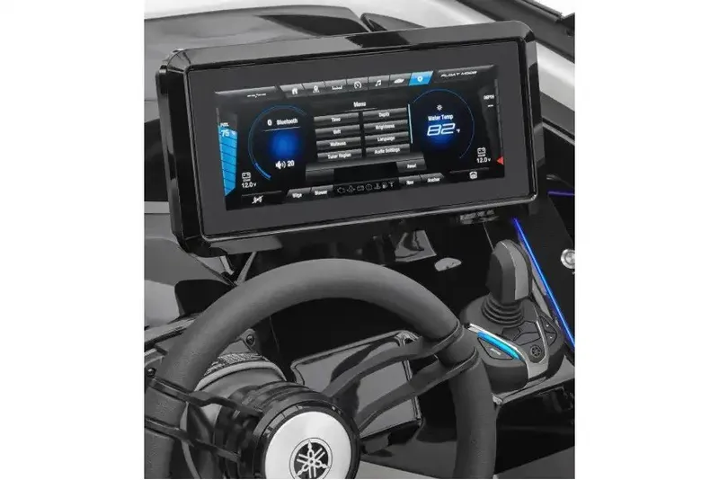 Slide: The Image of Manufacturer Provided Image: Dashboard of 2027 Yamaha Boats 255XD with touchscreen display and steering wheel. - 1