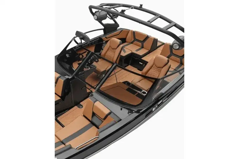 Slide: The Image of Manufacturer Provided Image: 2027 Yamaha Boats 222XD interior with luxurious tan and black seating. - 1