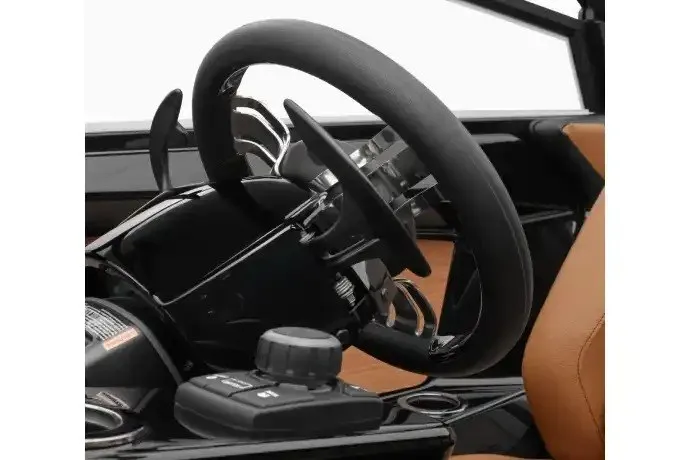 Slide: The Image of Manufacturer Provided Image: Steering wheel and controls of 2027 Yamaha Boats 222XD, featuring sleek design and modern technology. - 2