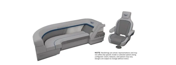 Slide: The Image of Bennington 22 MFB 2027: Luxurious gray seating bench and captain's chair with blue accents. - 2