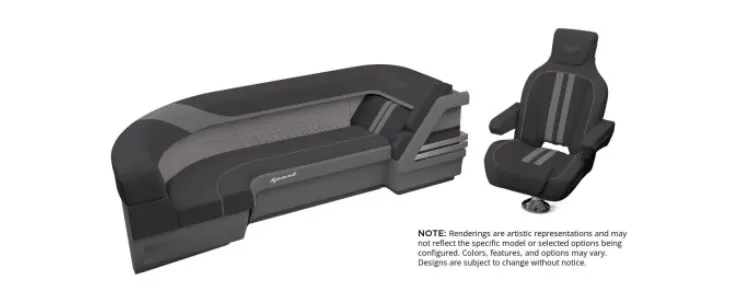 Slide: The Image of Bennington 22 MSB 2027: Sleek black and gray boat seating with modern accents. - 2