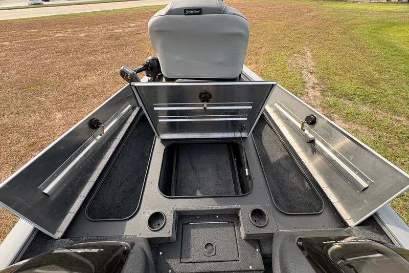 Slide: The Image of 2027 Tracker Pro Team 175 boat storage compartments open, showcasing spacious interior design. - 18