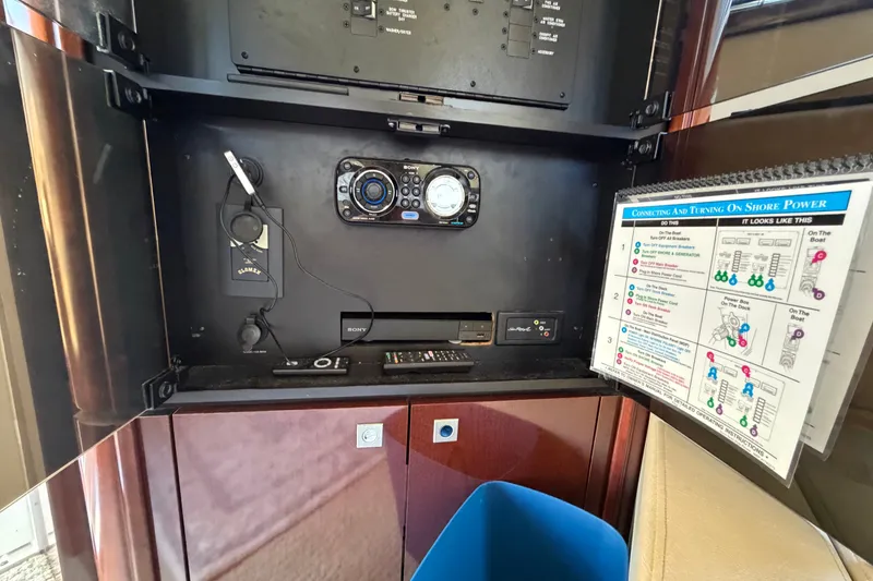 Slide: The Image of Control panel of a 2010 Sea Ray 390 Sedan Bridge with shore power instructions. - 85