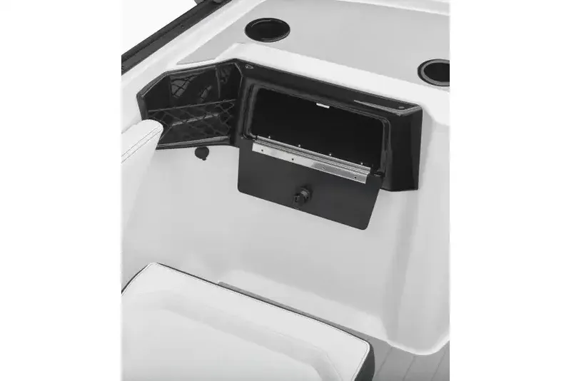 Slide: The Image of Manufacturer Provided Image: 2027 Yamaha Boats AR205 interior storage compartment with cup holders and seating. - 2