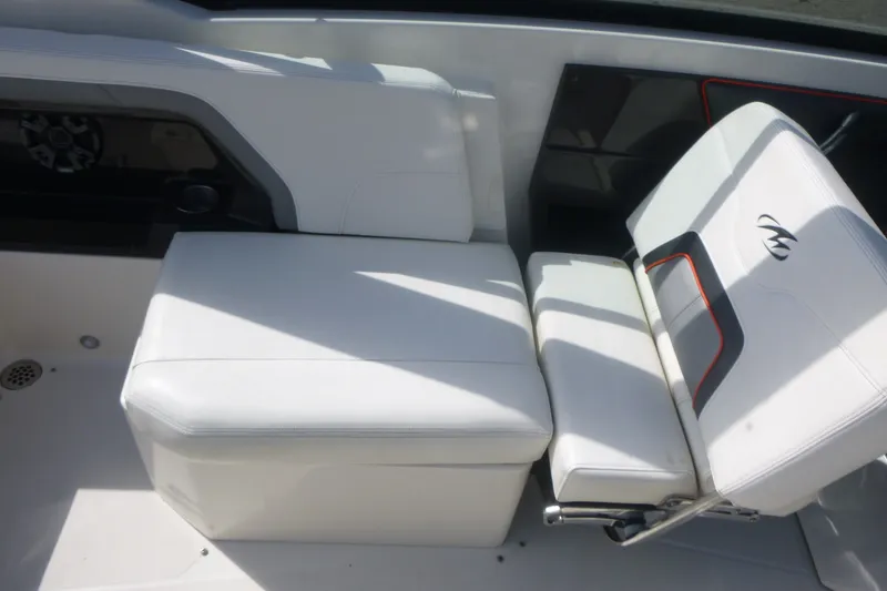 Slide: The Image of White seating on 2014 Monterey 288SS Super Sport boat, featuring sleek design and comfortable upholstery. - 15