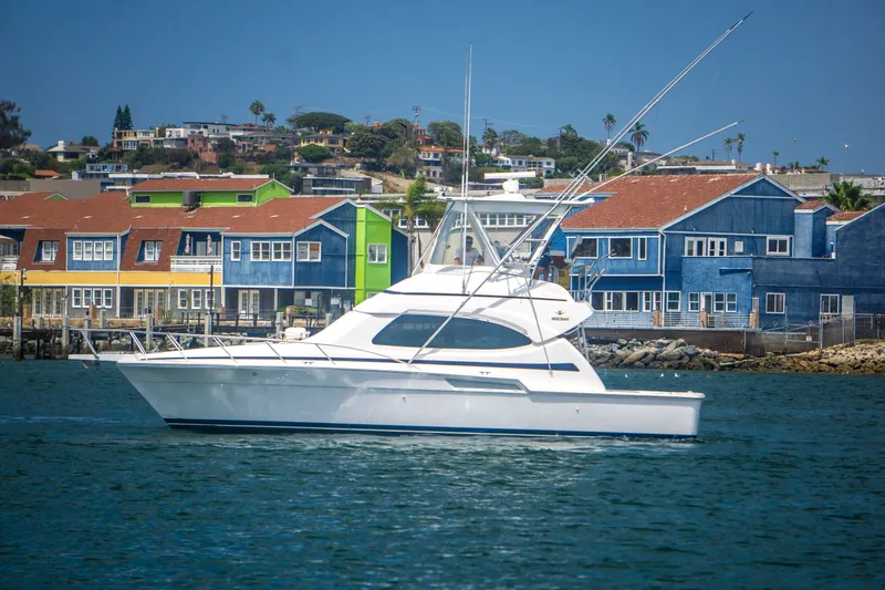 The Image of 2005 Bertram 390 Convertible yacht cruising near colorful waterfront buildings. - 0
