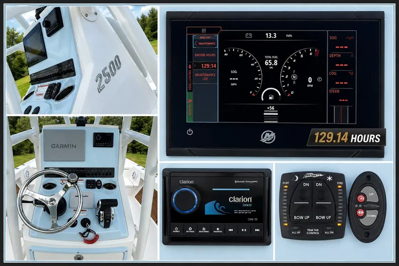 Slide: The Image of 2023 Pathfinder 2500 Hybrid boat dashboard with Garmin, Clarion, and Mercury controls. - 43