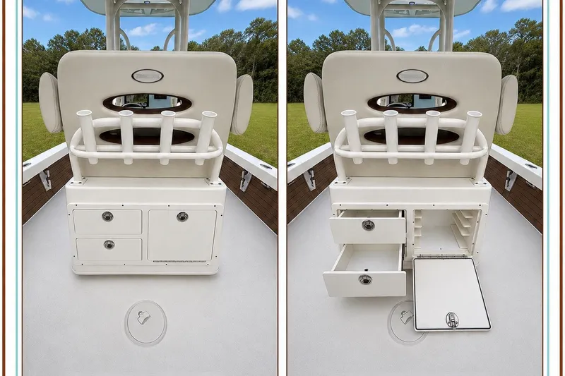 Slide: The Image of 2023 Pathfinder 2500 Hybrid boat storage compartments with rod holders and open drawers. - 36