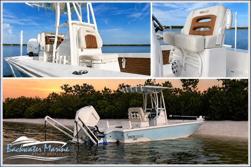 Slide: The Image of 2023 Pathfinder 2500 Hybrid boat on water, featuring sleek design and comfortable seating. - 1
