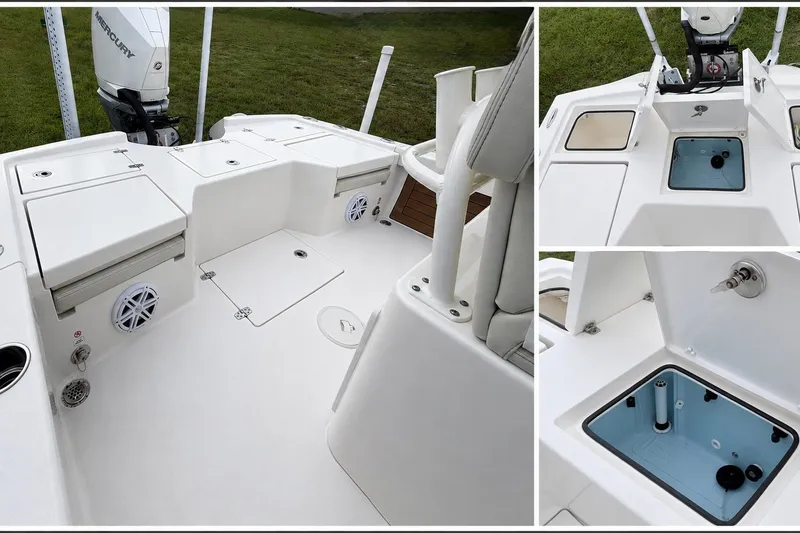Slide: The Image of 2023 Pathfinder 2500 Hybrid boat interior with storage compartments and Mercury engine. - 31