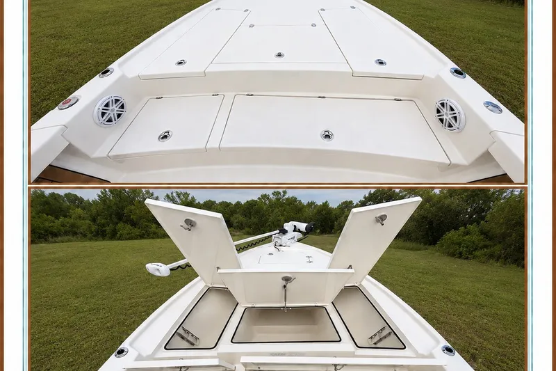 Slide: The Image of 2023 Pathfinder 2500 Hybrid boat deck with storage compartments open and closed. - 32