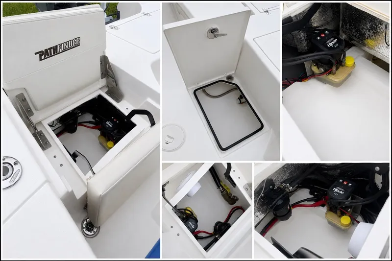 Slide: The Image of 2023 Pathfinder 2500 Hybrid boat compartments showcasing storage and battery setup. - 30