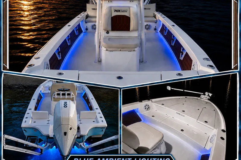 Slide: The Image of 2023 Pathfinder 2500 Hybrid boat with blue ambient lighting on water. - 20