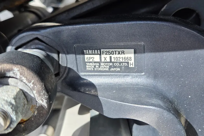Slide: The Image of Close-up of Yamaha F250TXR engine label on 2009 Ebbtide 2400 SS Fun Cruiser O/B. - 17