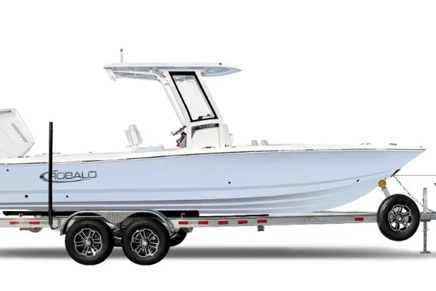 The Image of 2027 Robalo 266 Cayman boat on trailer, side view, sleek design. - 1