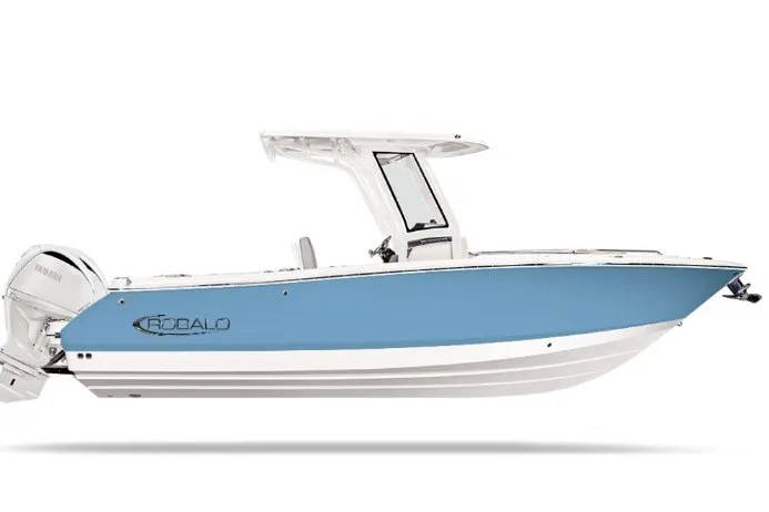 The Image of 2027 Robalo R250 Center Console boat with blue hull and Yamaha outboard motor. - 1