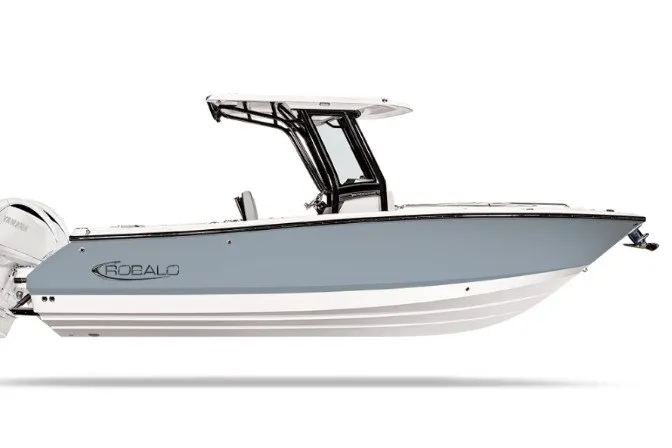The Image of 2027 Robalo R250 Center Console boat, sleek design, side view, light blue hull. - 1