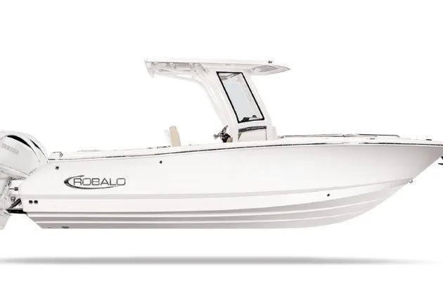 The Image of 2027 Robalo R250 Center Console boat, sleek white design, side view. - 1