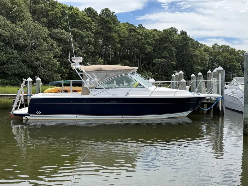 The Image of 2000 Tiara Yachts 2900 Coronet in the water, featuring a blue hull and beige canopy. - 1