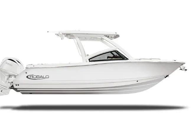 The Image of 2027 Robalo R277 Dual Console boat, sleek white design, side view. - 1
