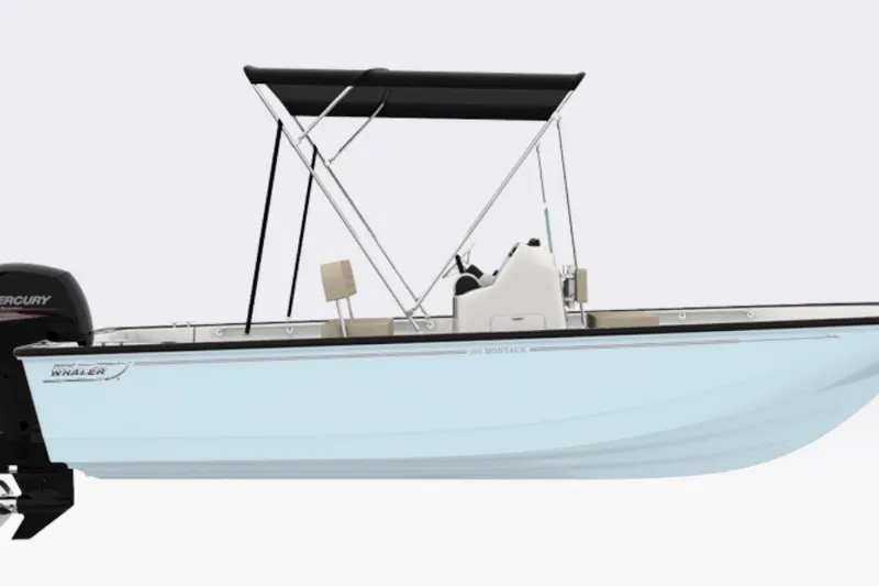 The Image of 2027 Boston Whaler 190 Montauk boat with canopy and Mercury outboard motor. - 1
