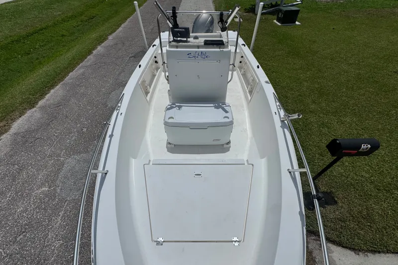 Slide: The Image of 2005 Sea Fox 197 Center Console boat on a trailer, viewed from above. - 9