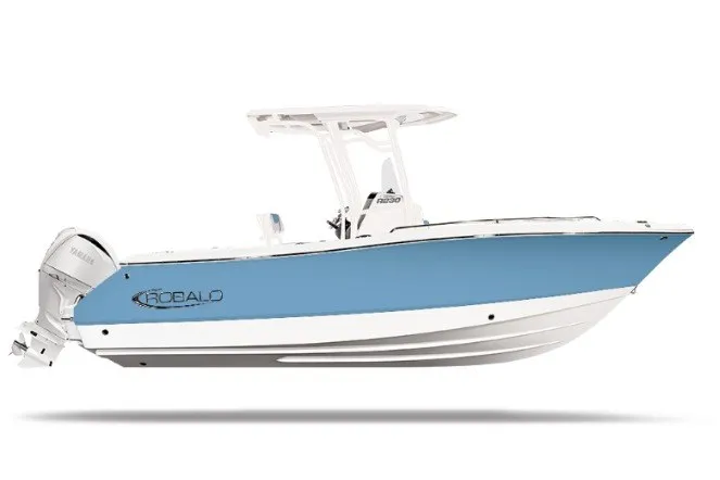 The Image of 2027 Robalo R230 Center Console boat, blue and white design, side view. - 1