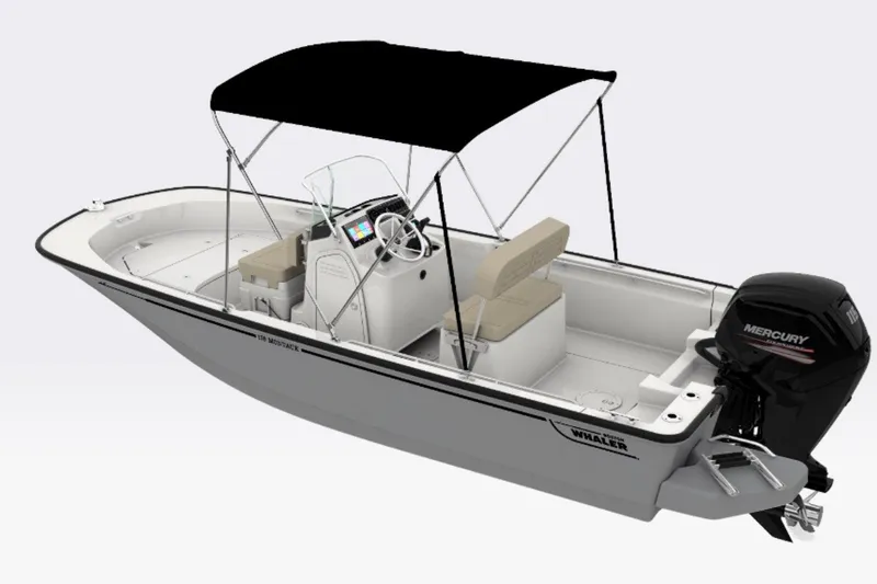 Slide: The Image of 2027 Boston Whaler 170 Montauk boat with canopy and Mercury outboard motor. - 3