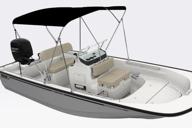 Slide: The Image of 2027 Boston Whaler 170 Montauk boat with canopy and seating, side view. - 2