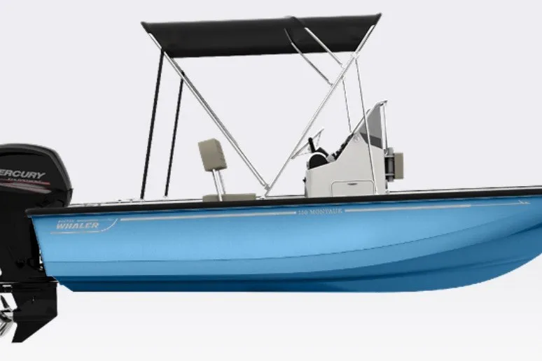 The Image of 2027 Boston Whaler 150 Montauk boat with blue hull and black canopy. - 1