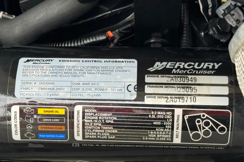 Slide: The Image of Mercury MerCruiser engine label with specifications and serial numbers, 2012 Cobalt 262 WSS. - 29