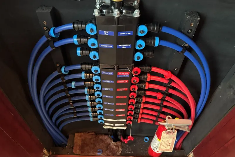 Slide: The Image of Water manifold system with labeled blue and red pipes in a 2005 Sumerset houseboat. - 77