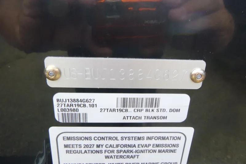 Slide: The Image of Hull identification number on 2027 Tracker Targa V-19 Combo boat with emissions information. - 19