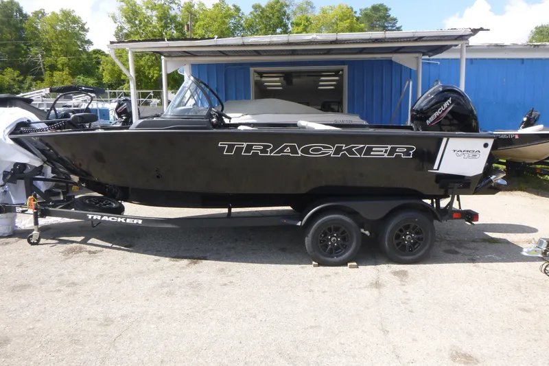 The Image of 2027 Tracker Targa V-19 Combo boat on trailer, parked outdoors. - 1
