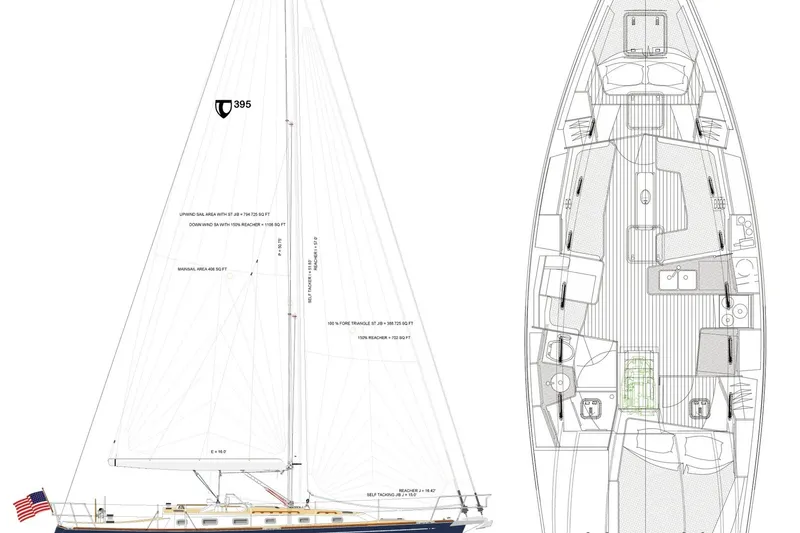 Slide: The Image of Side and top view of 2024 Tartan 395 sailboat with detailed interior layout. - 64