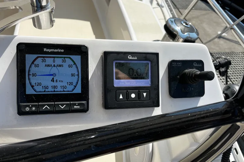 Slide: The Image of Control panel of 2024 Tartan 395 yacht with navigation instruments and controls. - 47