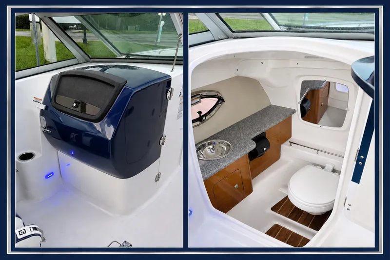 Slide: The Image of 2013 Chaparral 287 SSX boat interior with helm and cabin featuring sink and toilet. - 35