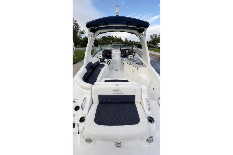 Slide: The Image of 2013 Chaparral 287 SSX boat interior with luxurious seating and sleek design. - 34