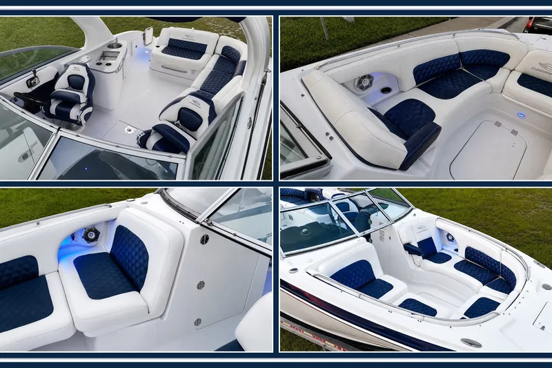 Slide: The Image of 2013 Chaparral 287 SSX boat interior with luxurious blue and white seating. - 16
