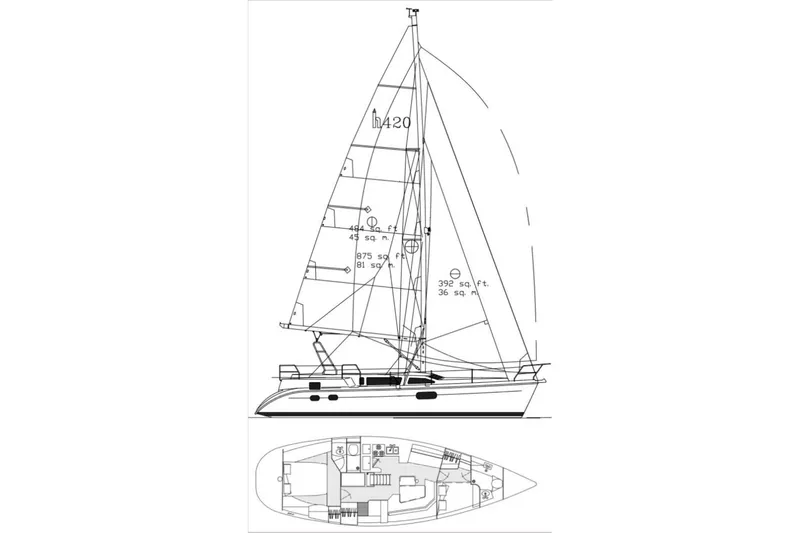 Slide: The Image of Line drawing of a 1999 Hunter Passage 420 sailboat with interior layout. - 50