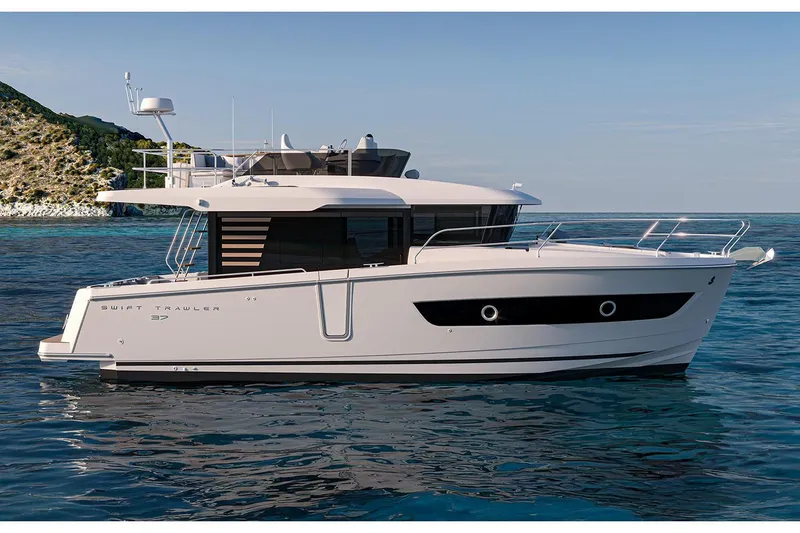 The Image of Manufacturer Provided Image: 2026 Beneteau Swift Trawler 37 Fly cruising on serene blue waters. - 0