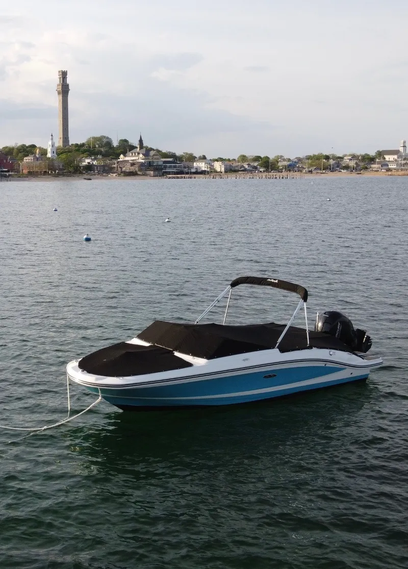 Slide: The Image of 2021 Sea Ray SPX 210 Outboard on calm water near a coastal town. - 2